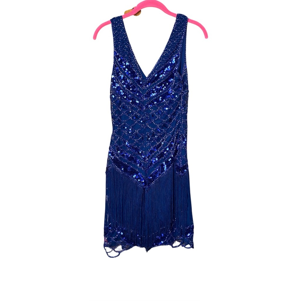 Lulus NWT Sparkling Flair Navy Blue Sequin Beaded Fringe Mini Dress M Glam Party - Picture 5 of 7